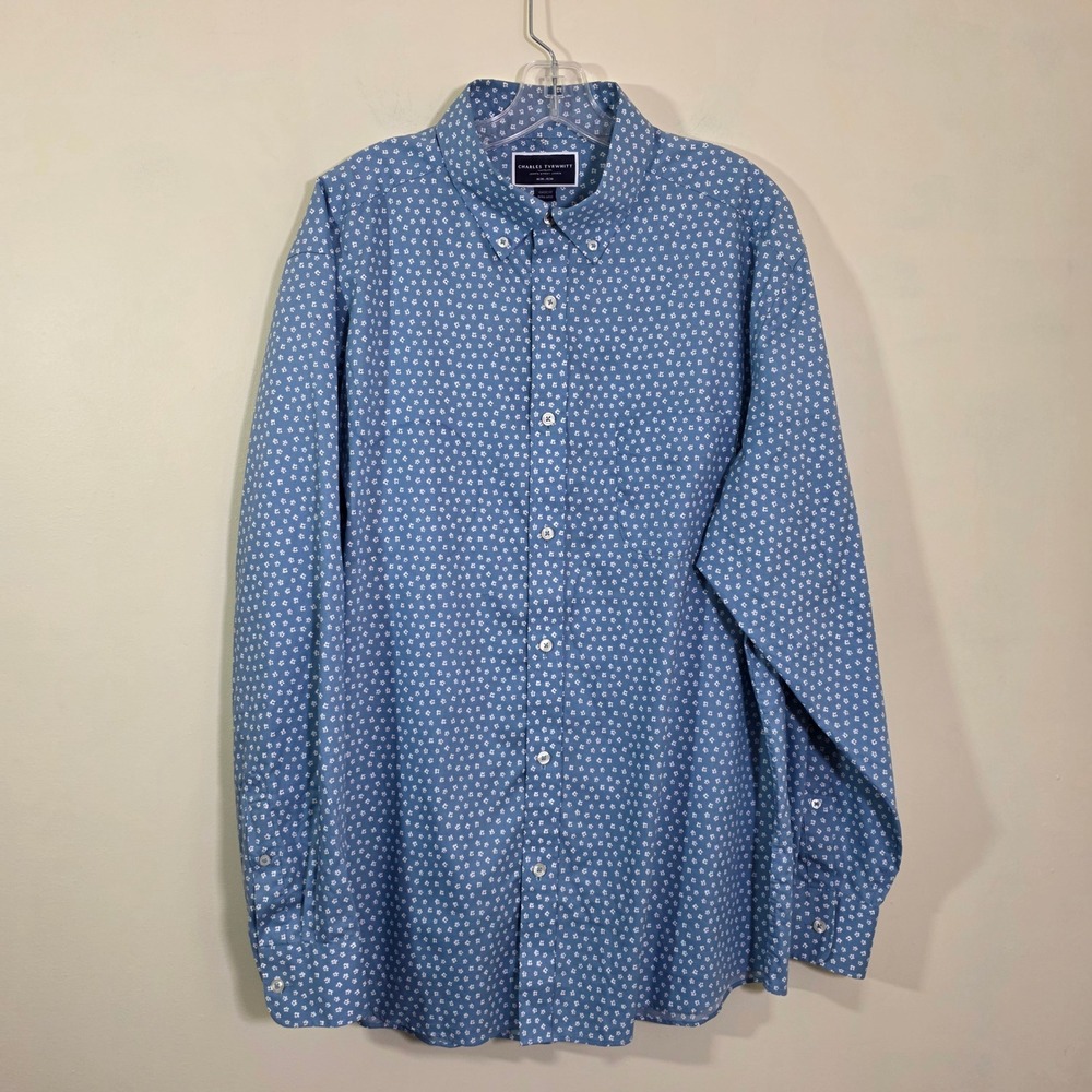 Charles Tyrwhitt Men Shirt Floral Print Non-Iron Classic Fit Blue Extra Large XL